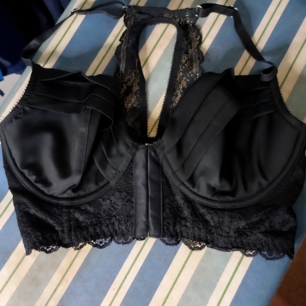 Underella black satin bustier front close bra 32dd